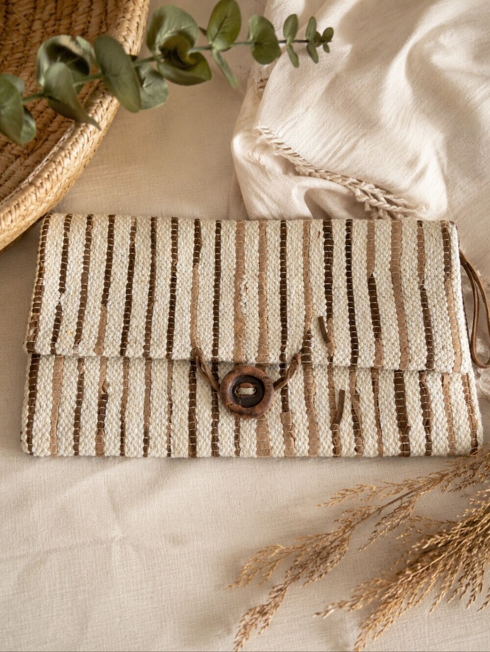 Boho Woven Foldover Clutch Artisan Leather & Clay Button Bag